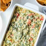 Easy Spinach Artichoke Dip in a baking dish.