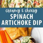 Easy Spinach Artichoke Dip on a plate with pita chips.