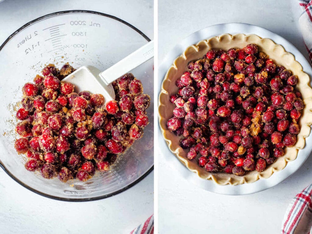 Side by side photos of prepping the cranberries and placing them in a pie crust.