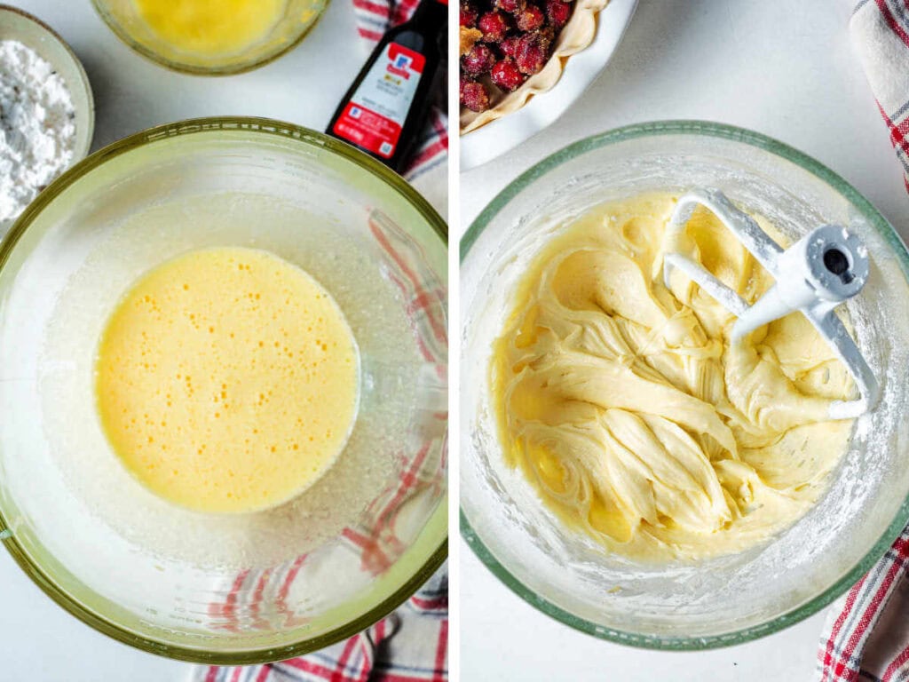 Side by side photos of mixing the cake batter in a stand mixer bowl.