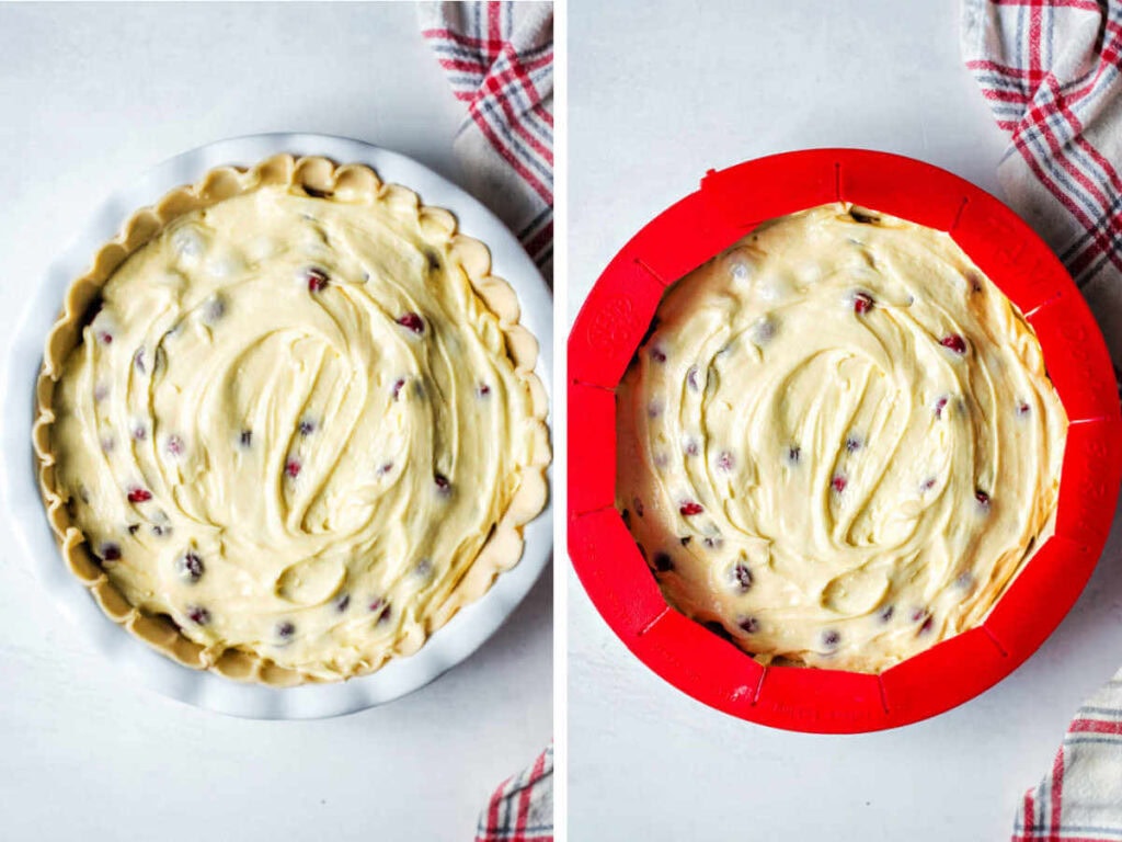 Side by side photos of placing the cake batter inside the pie crust and covering the edges of the pie crust.