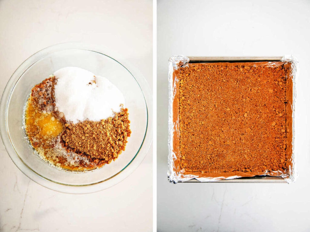 Side bye side photos of making the gingersnap crust.