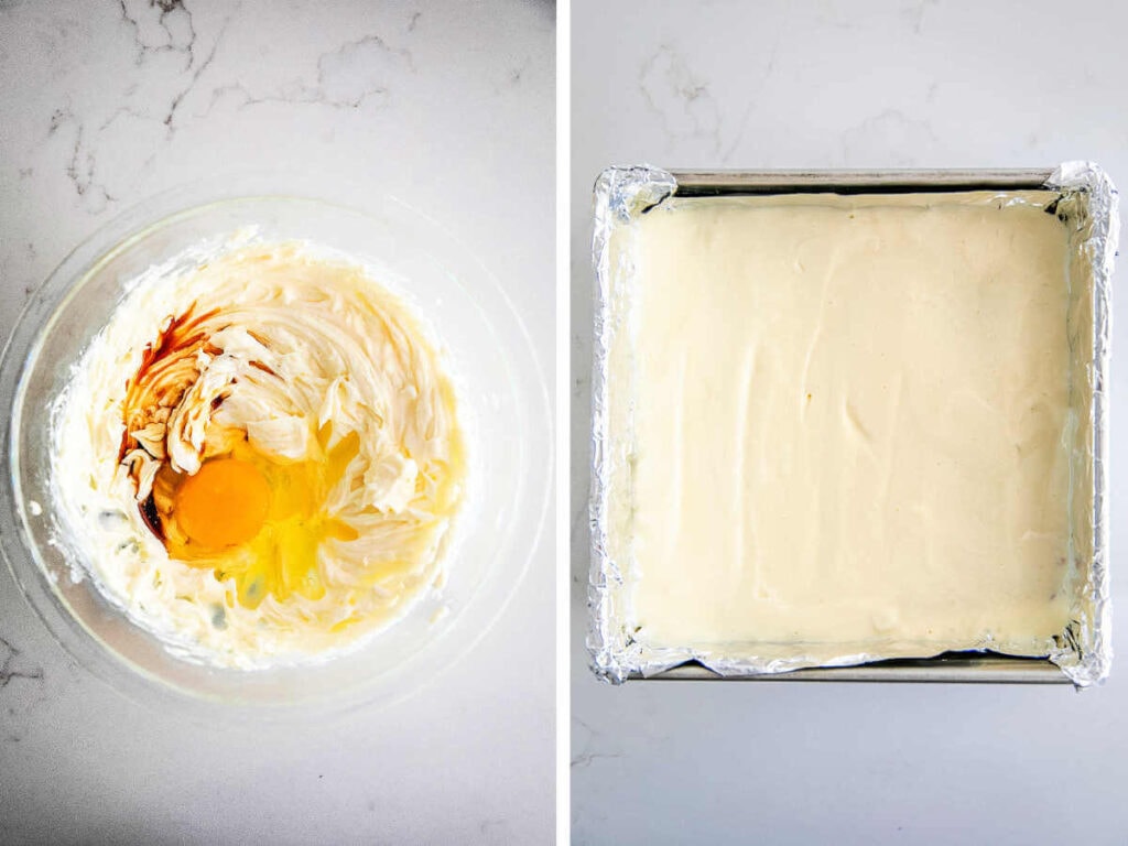 Side by side photos of making the cheesecake layer.