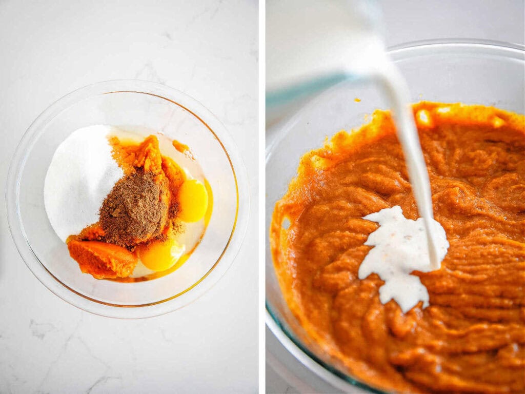 Side by side photos of making the pumpkin pie layer for pumpkin cheesecake bars.