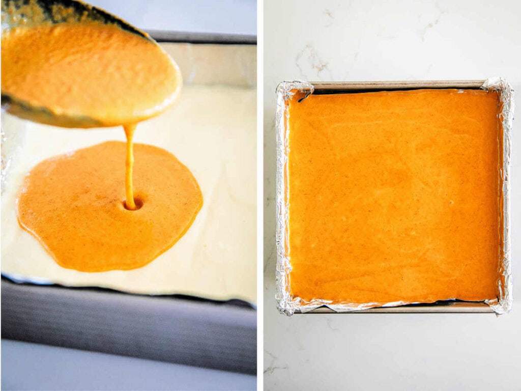 Pouring the pumpkin pie layer on top of the pumpkin cheesecake layer.