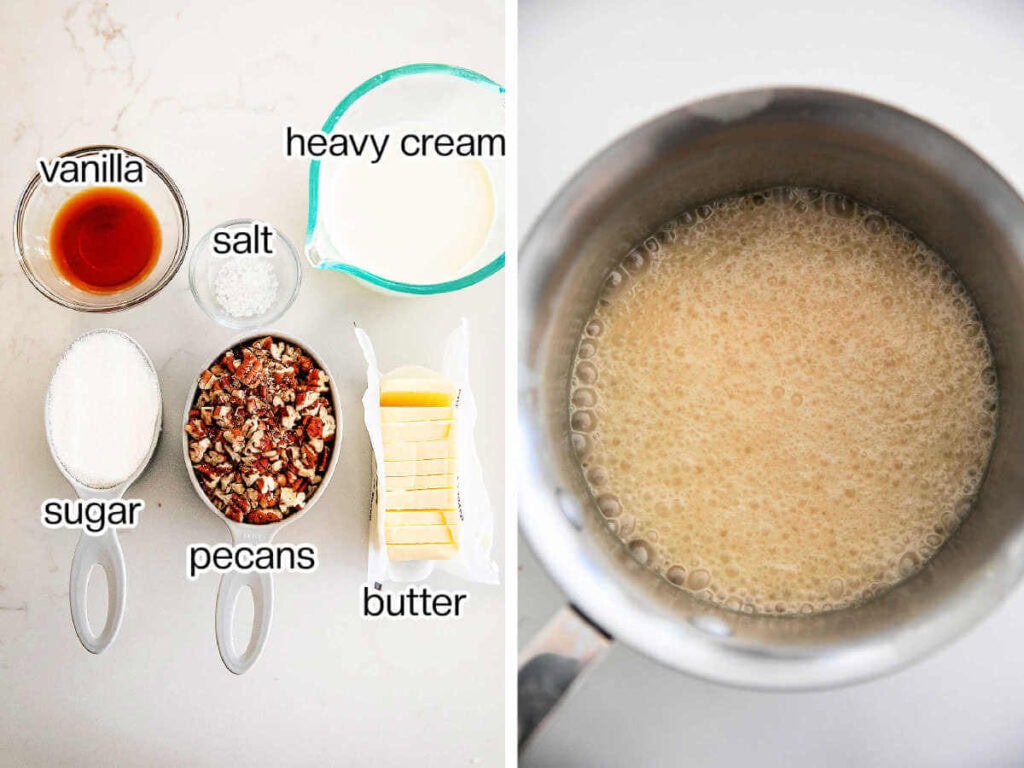 Side by side photos of ingredients needed to make the caramel sauce and starting to make it.