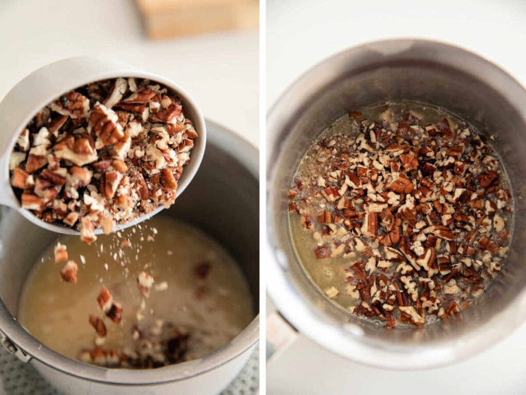 Adding pecans to the caramel sauce.