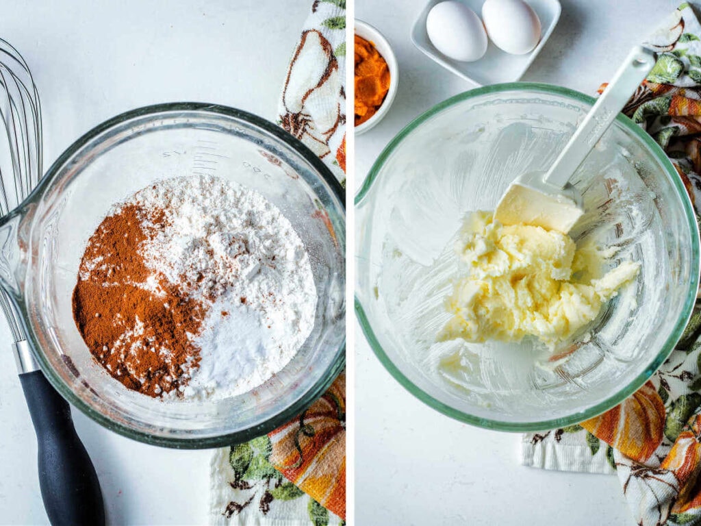 Side by side image of flour in a bowl and creamed butter in another bowl.