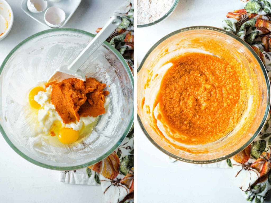 Side by side image showing stirring eggs and pumpkin puree together.