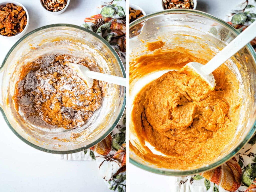 Side by side image showing adding dry ingredients to wet ingredients to make pumpkin muffins.