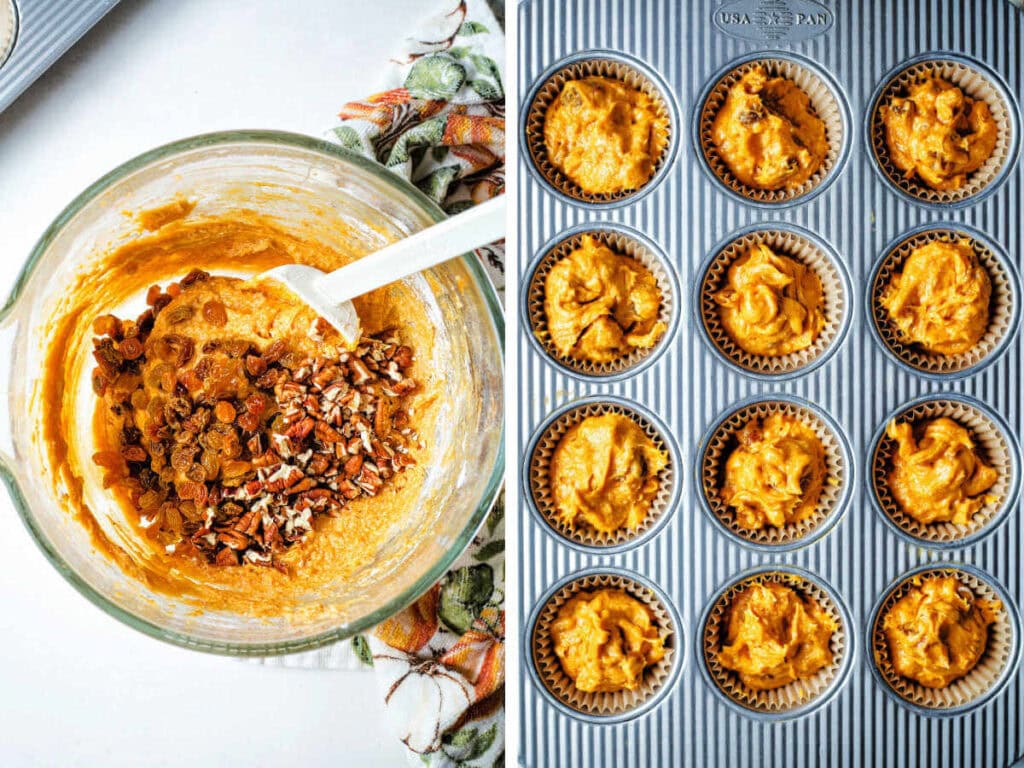 Side by side image of folding raisins and nuts into batter and batter in a muffin tin.