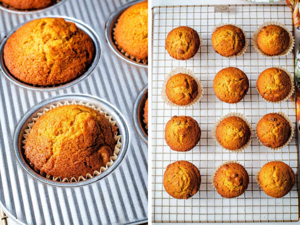 Side by side image showing muffins in a muffin tin and cooling on a wire rack.