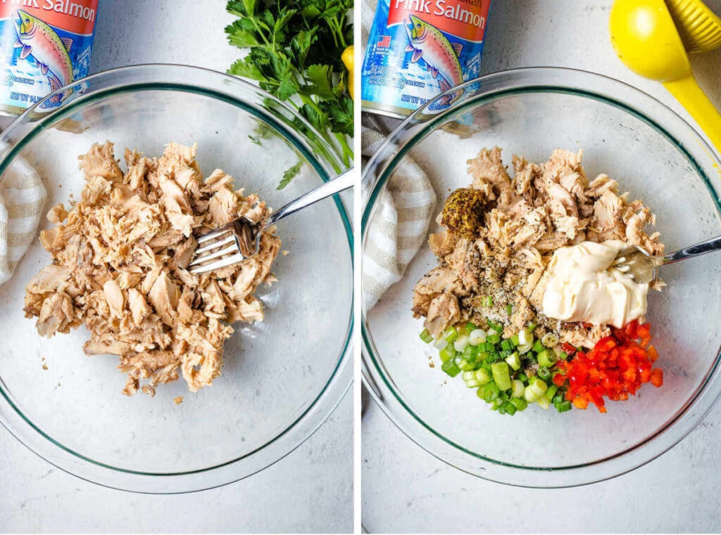 Side by side image of flaked salmon in a glass bowl with seasonings and chopped onion and pepper.