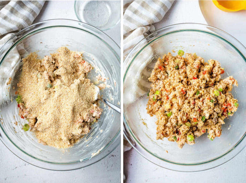 Side by side image of mixing breadcrumbs into salmon mixture to make croquettes.