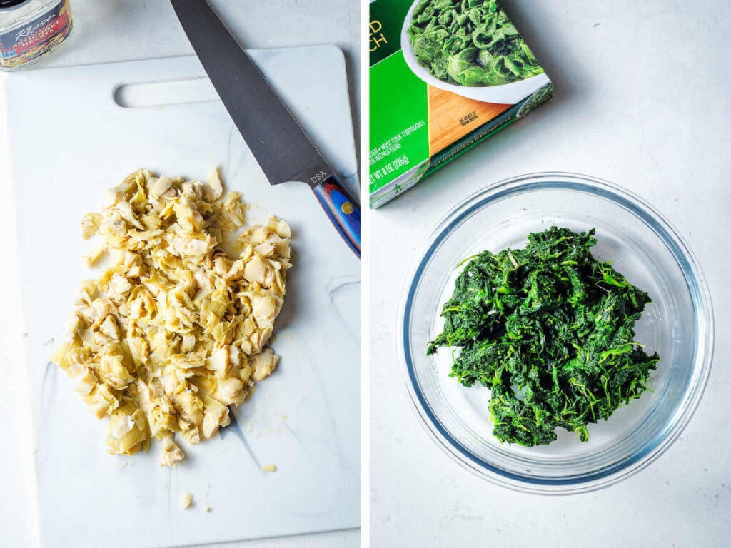 Side by side photos of prepping the artichokes and spinach.