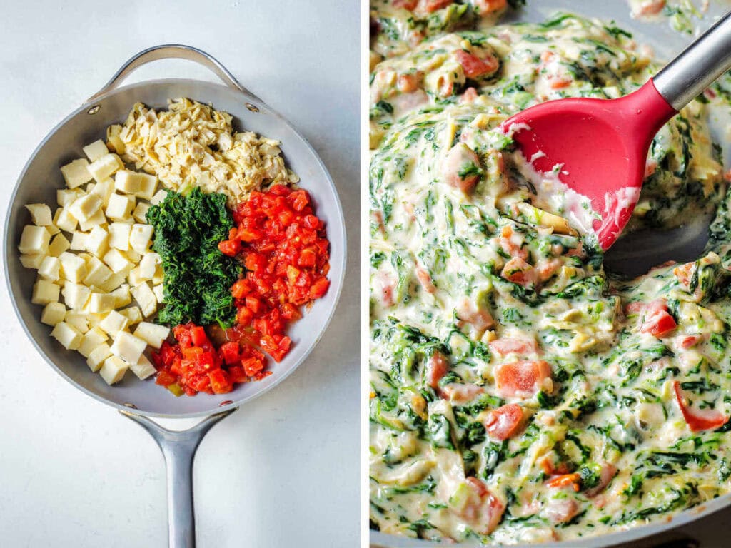 Side by side photos of cheese, artichokes, spinach and rotel melting together in a skillet.