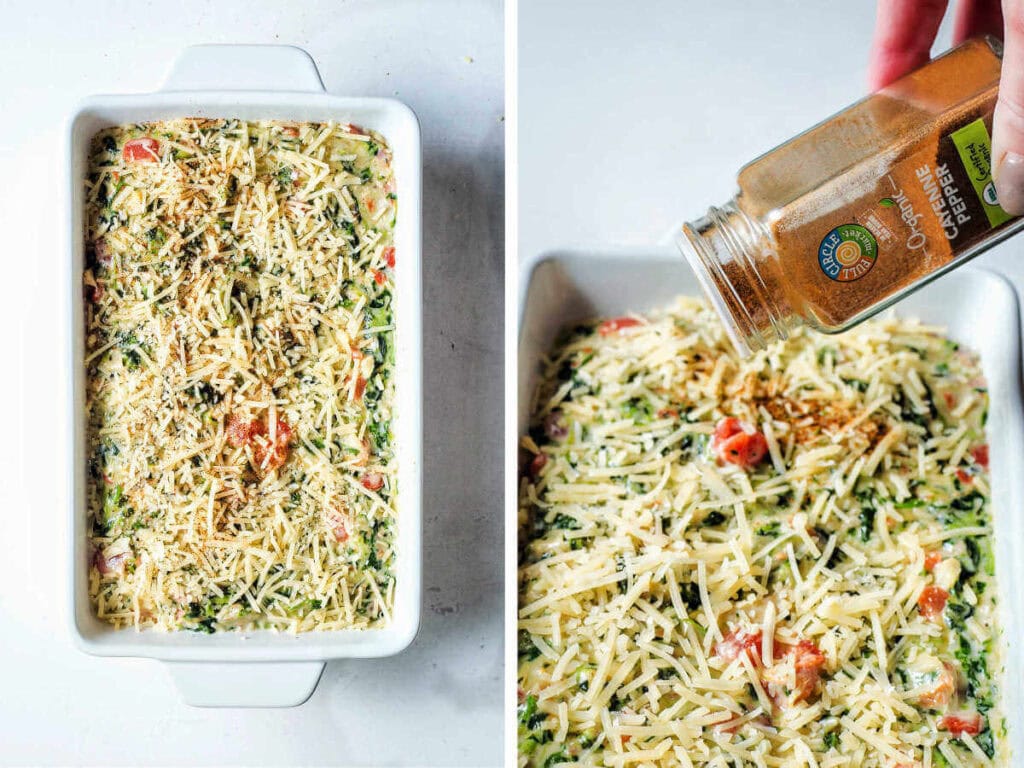 Side by side photos of transferring the mixture to a baking dish and sprinkling cayenne pepper on top.