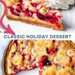 A slice of cranberry pie on a plate with whipped cream.