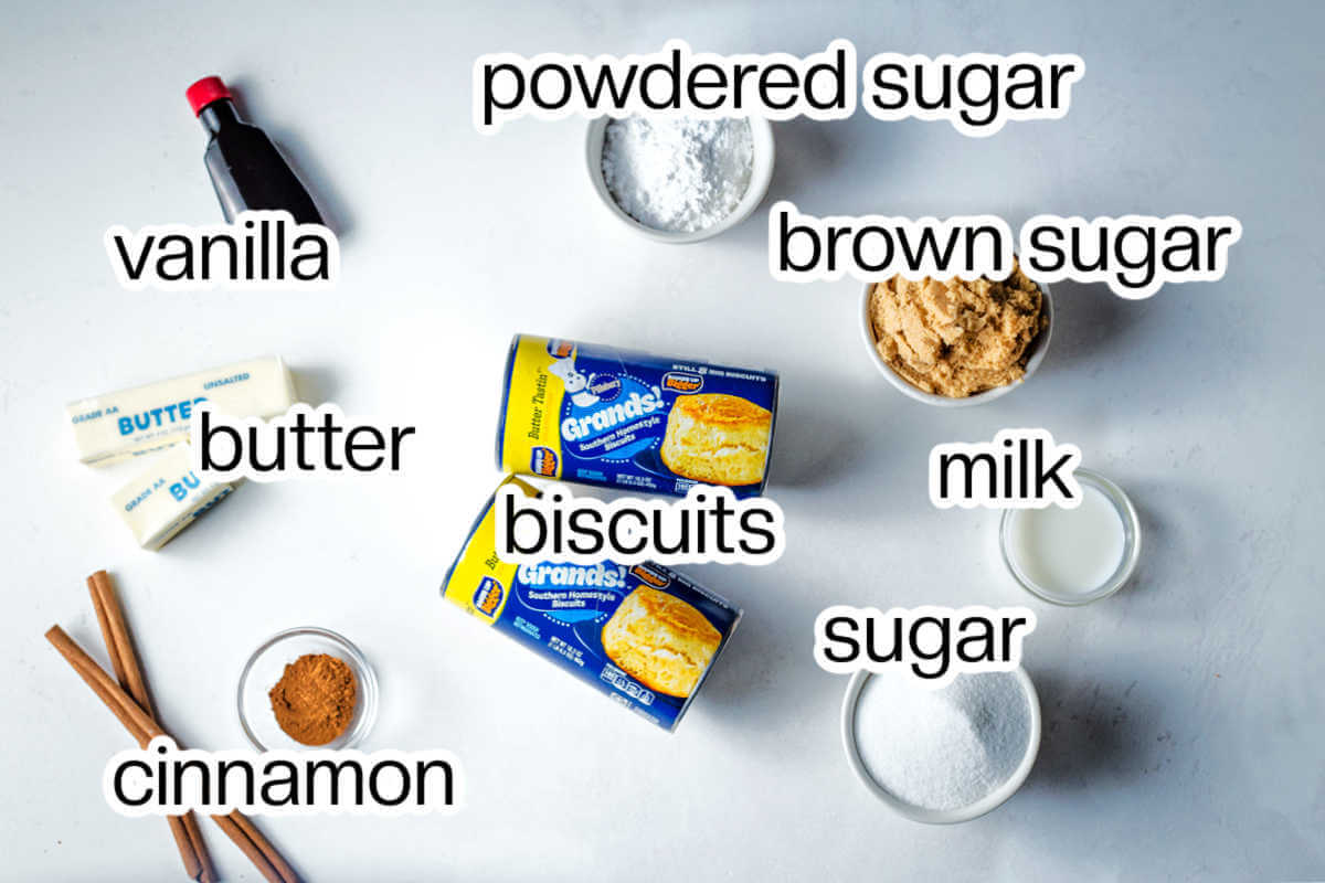 Ingredients needed to make monkey bread with biscuits.