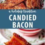 Hand holding a piece of candied bacon with a bite missing from the bacon.