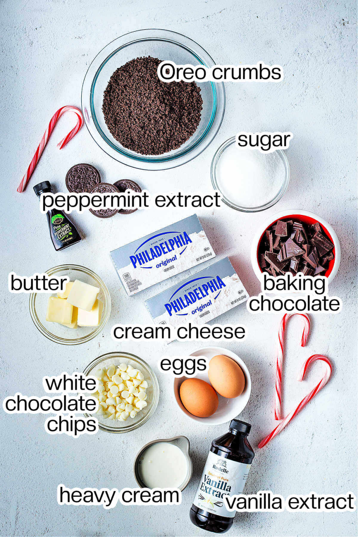 Ingreddients for peppermiint cheesecake bars on a table.