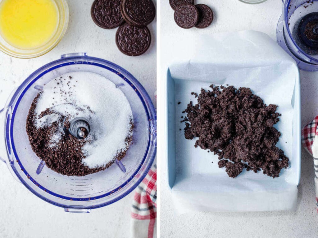 Side by side images of preparing oreo cookie crust in a food processer.