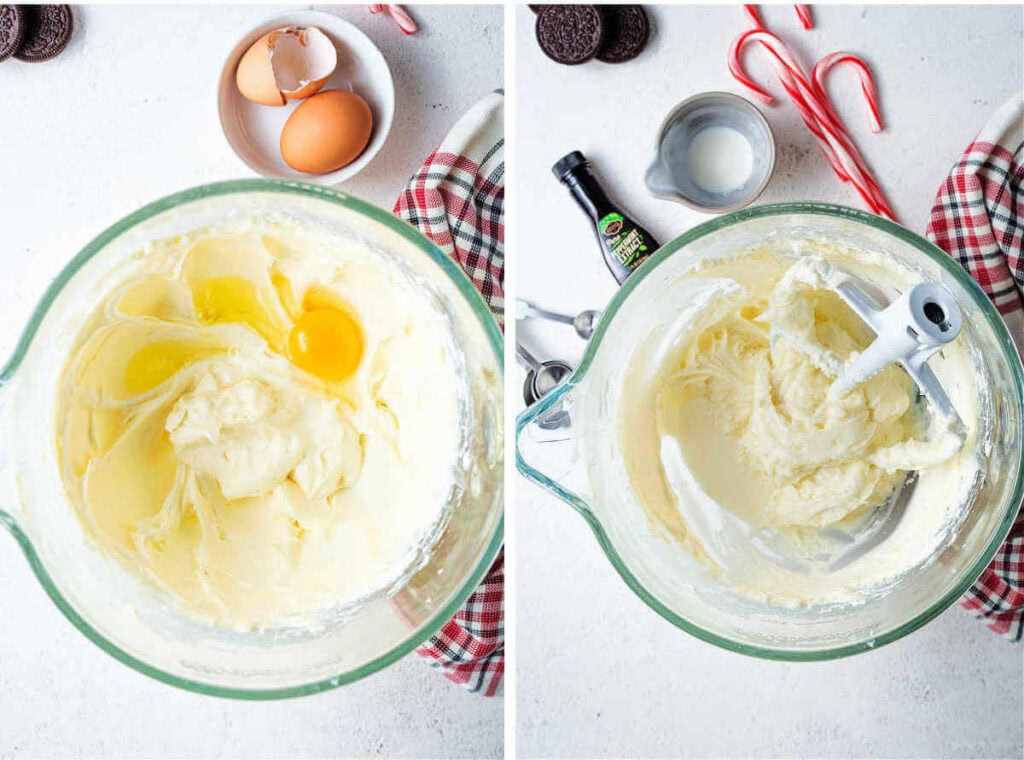 Side by side images of mixing cheesecake batter in a glass bowl.