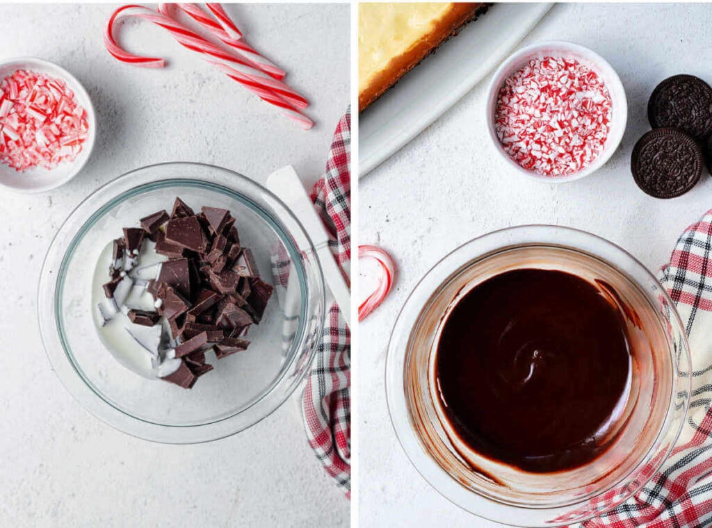 Side by side image of chopped chocolate i a bowl and then chocolate ganache in a glass bowl on a table.