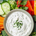 VEGETABLE DIP IN A BOWL WITH FRESH VEGGIES.