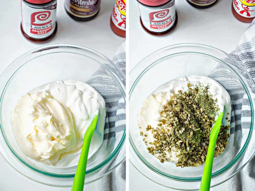 Side by side image of mixing up the base for vegetable dip.
