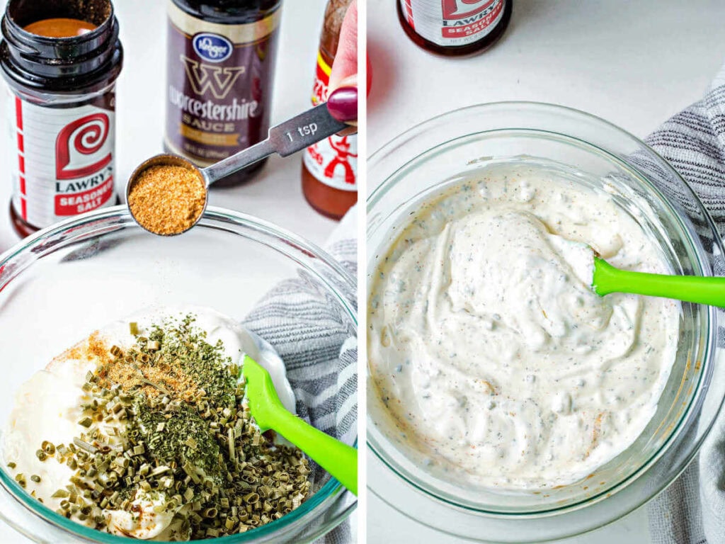 Side by side image showing adding seasonings to vegetable dip.