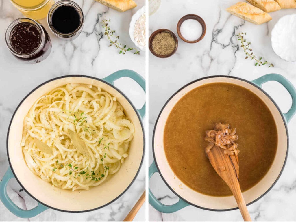 Side by side photos of caramelizing onions in a large pot and then adding wine.