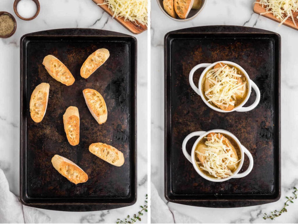 Side by side photos of toasting the bread on a sheet pan and then assembling the french onion soup in crocks.
