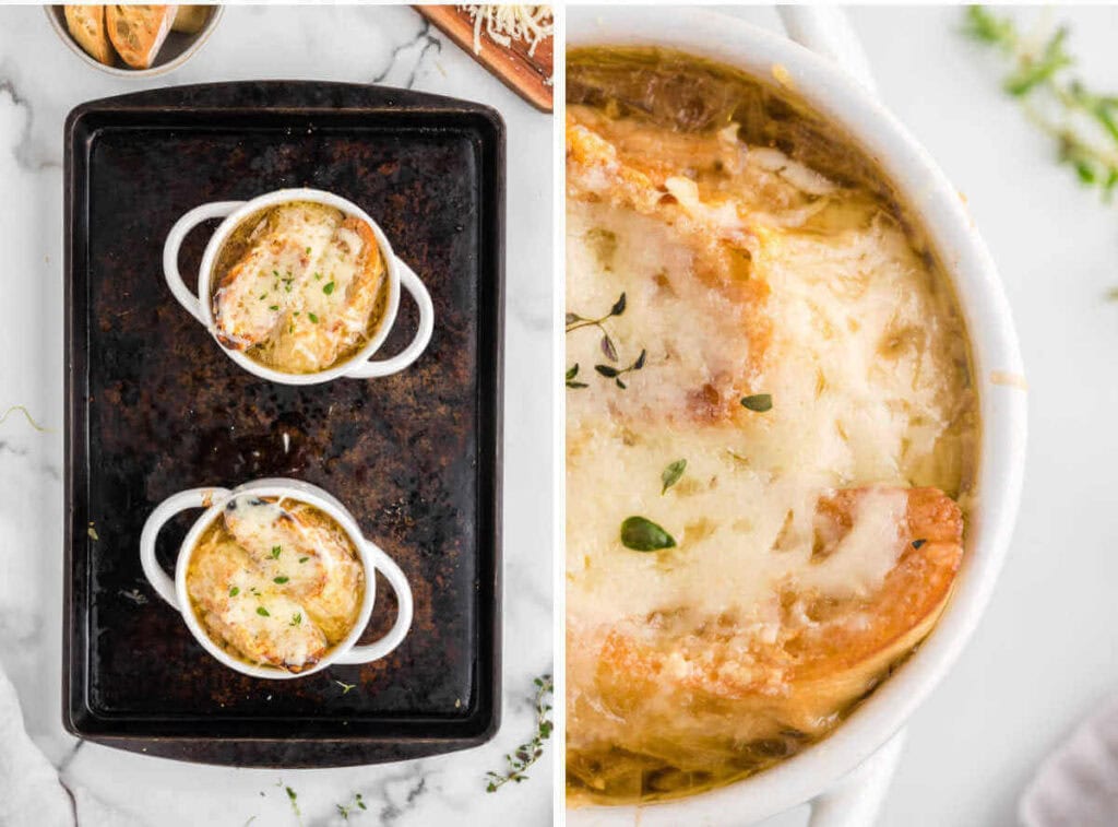 Side by side photos of finished French onion soup on a sheet pan and then in a white crock.