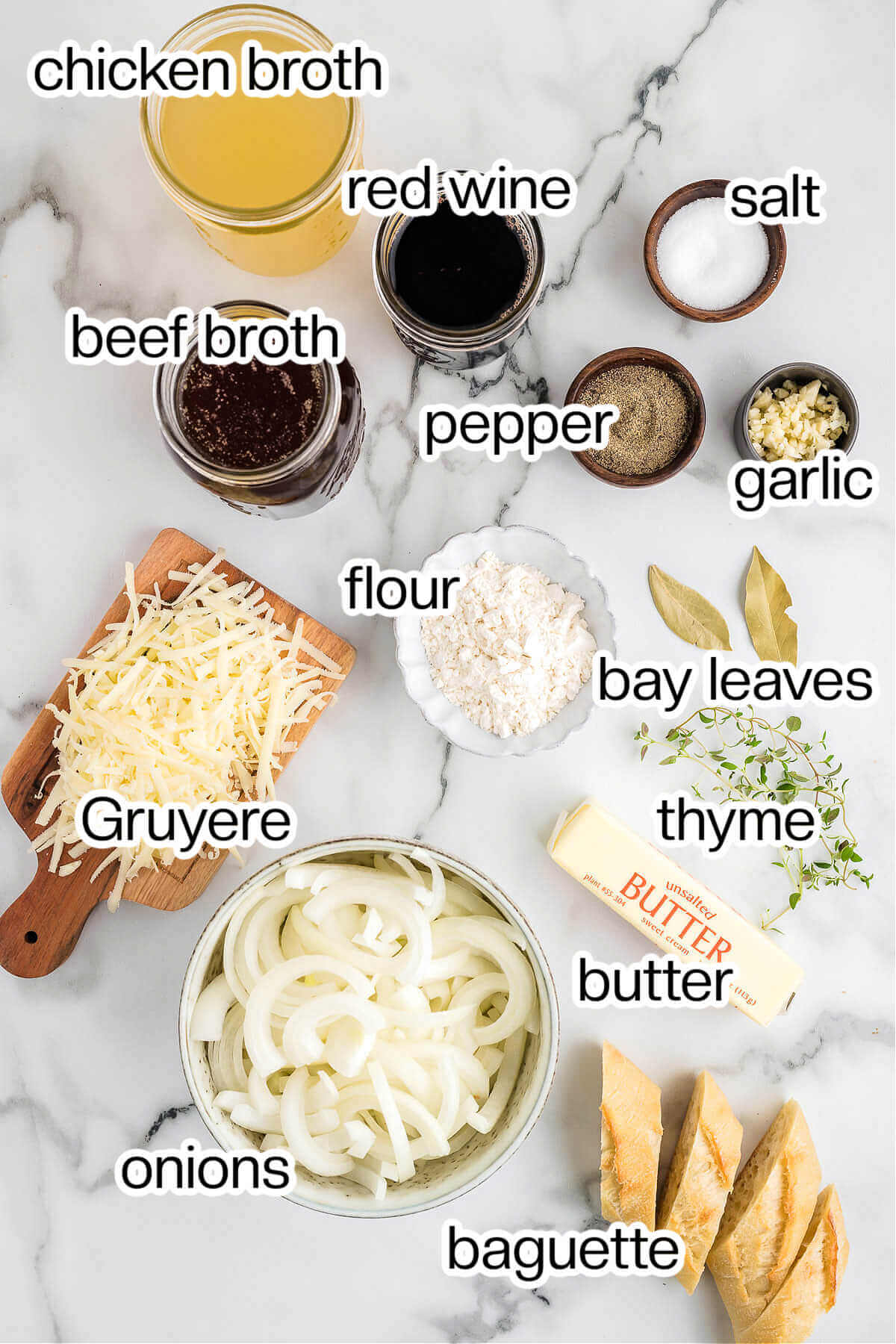 Ingredients needed to make homemade French onion soup.
