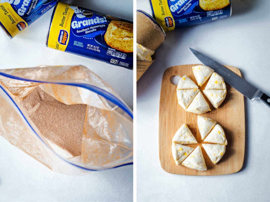 Side by side photos of cinnamon sugar in a bag and slicing biscuits into pieces.