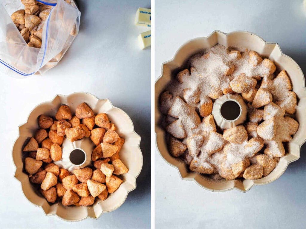 Side by side photos of assembling the monkey bread in a bundt pan.