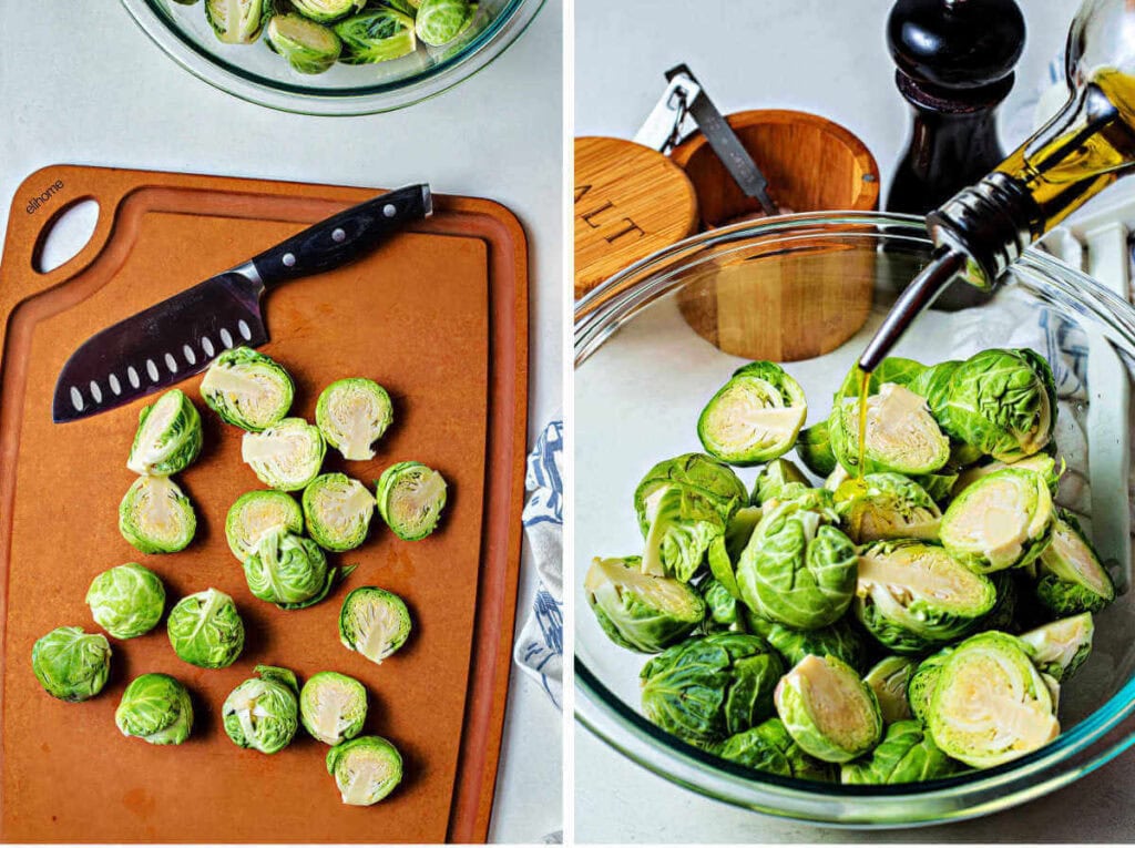 Side by side images showing prepping Brussels sprouts for cooking.