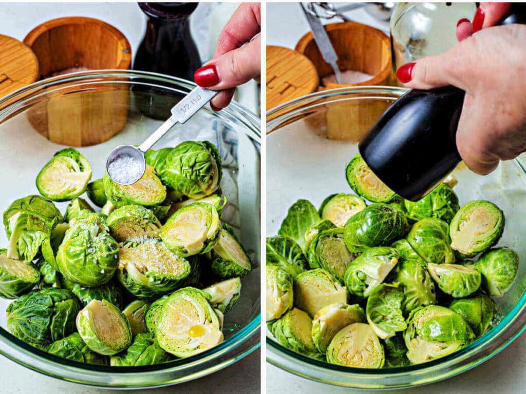Side by side images showing adding seasoning to a bowl of uncooked Brussels sprouts.