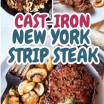 Cast Iron New York Strip Steak on a plate with a dollop of compound butter.