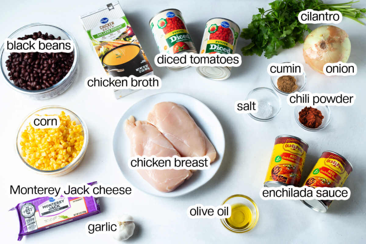 Ingredients for chicken enchilada soup on a table.
