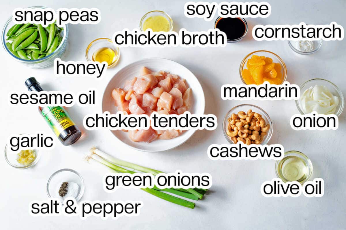 Ingredients needed to make chicken and cashew stir fry.