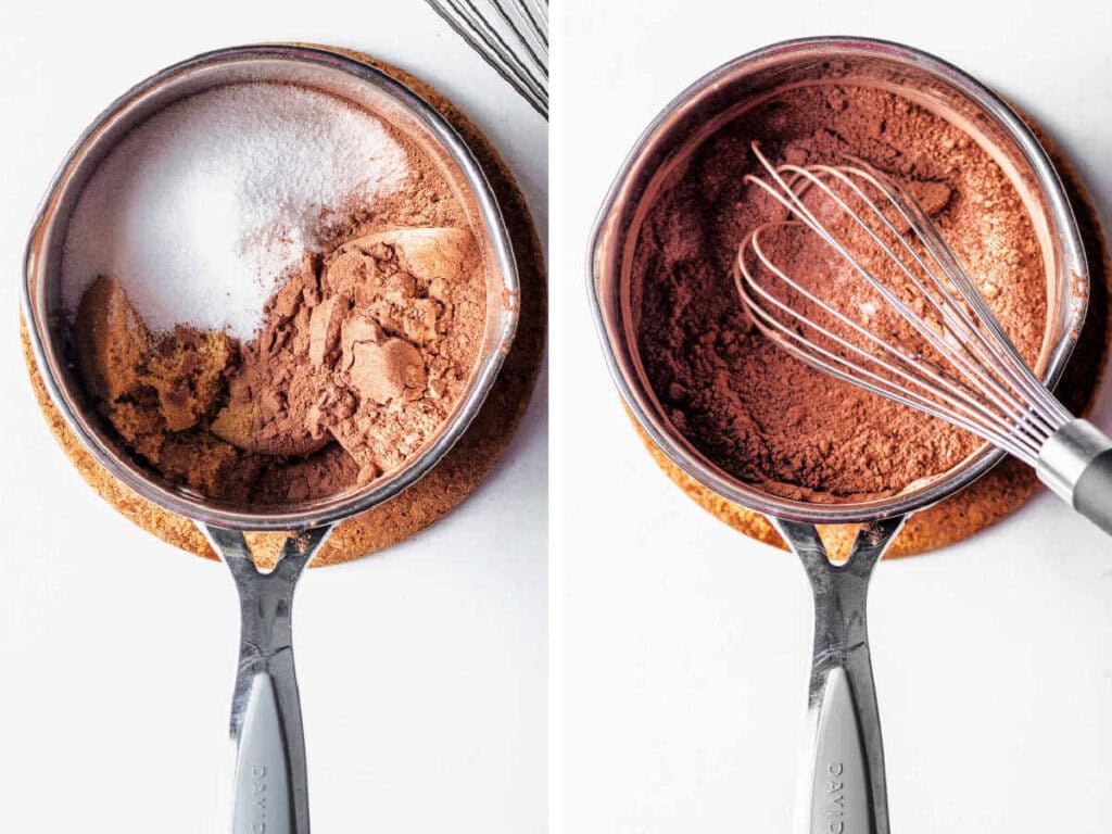 Side by side photos of whisking together the cocoa powder and sugars.