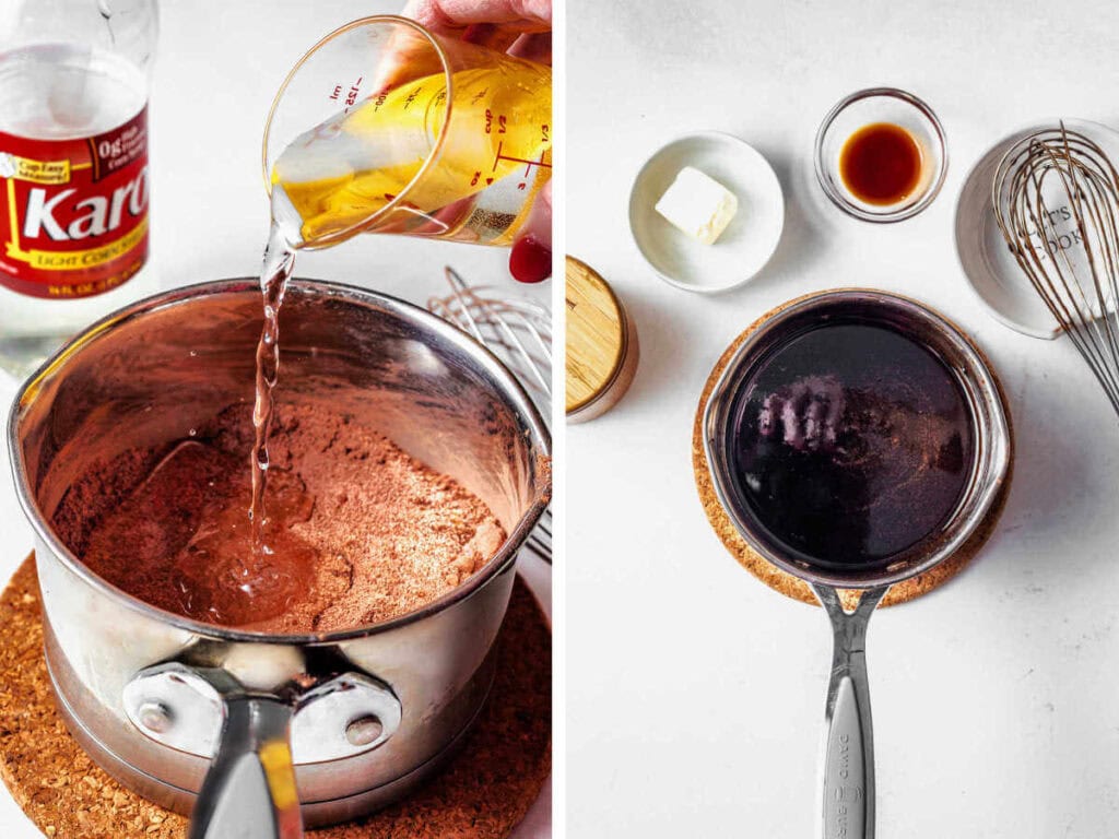 Adding the liquid ingredients to the cocoa powder and allowing it to simmer in a saucepan.