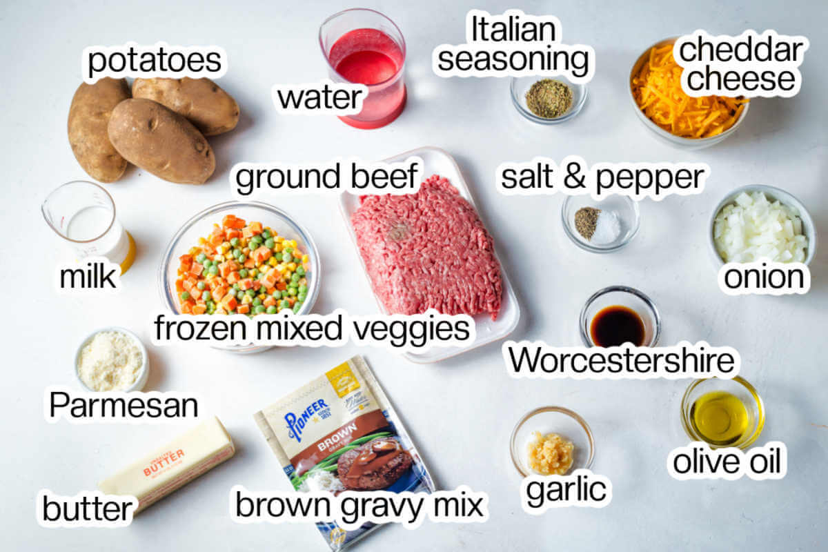 Ingredients needed to make easy shepherd's pie.