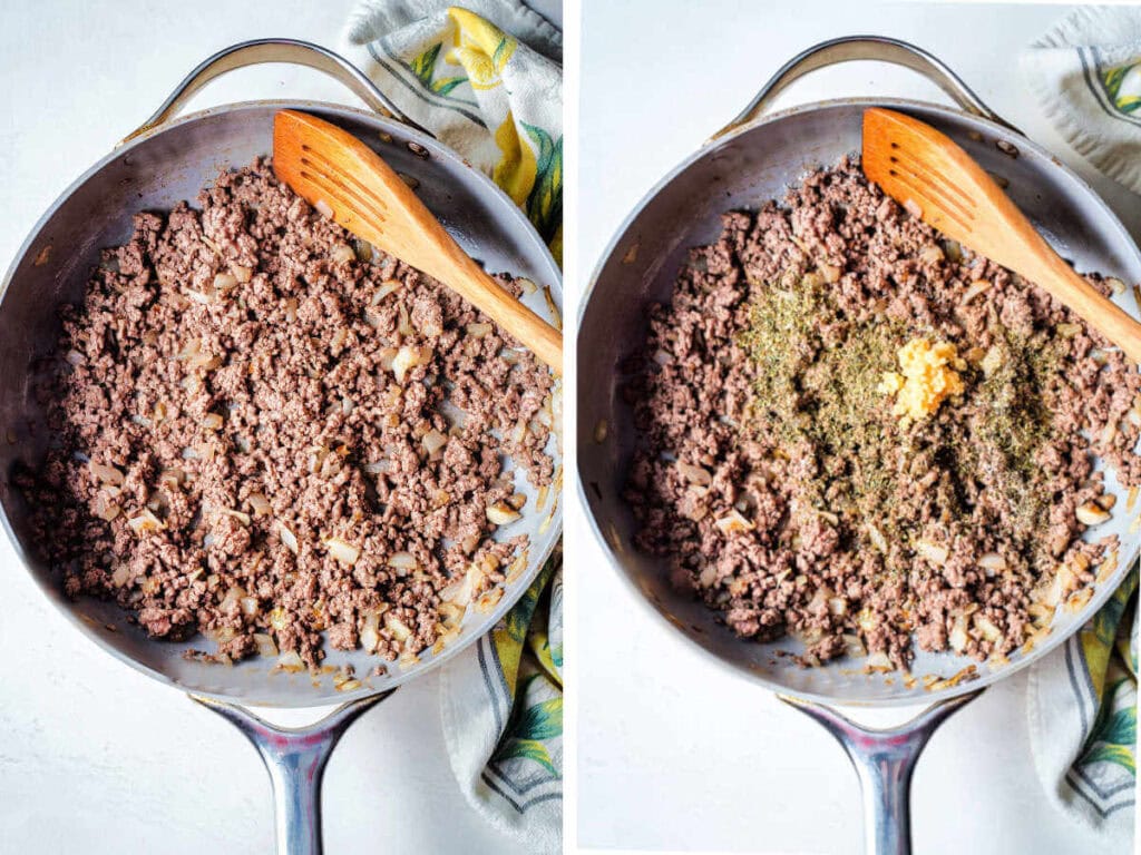 Seasoning the ground beef in a skillet.