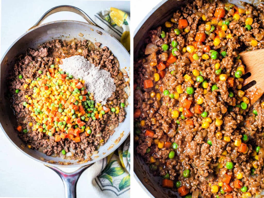 Adding brown gravy mix and frozen vegetables to the ground beef mixture.