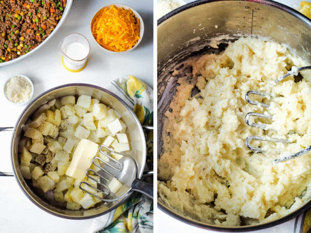 Side by side photos of mashing potatoes in a large pot.