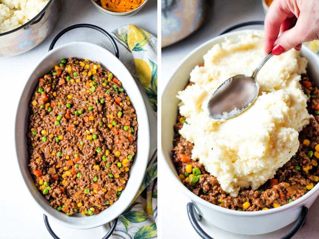 Assembling the shepherd's pie in a baking dish.