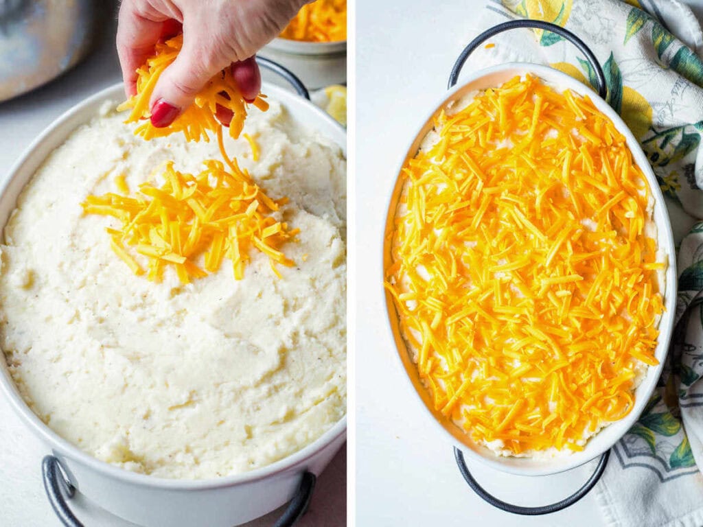 Topping the shepherd's pie with shredded cheese before baking.